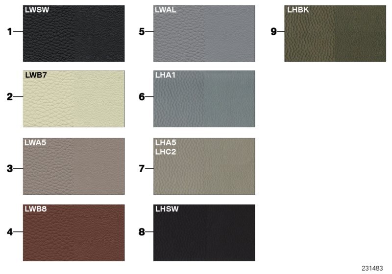 Sample page, cushion colours, leather