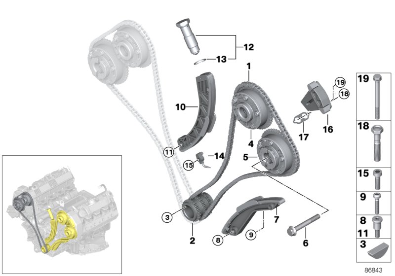 Timing gear, timing chain, cyl. 5-8