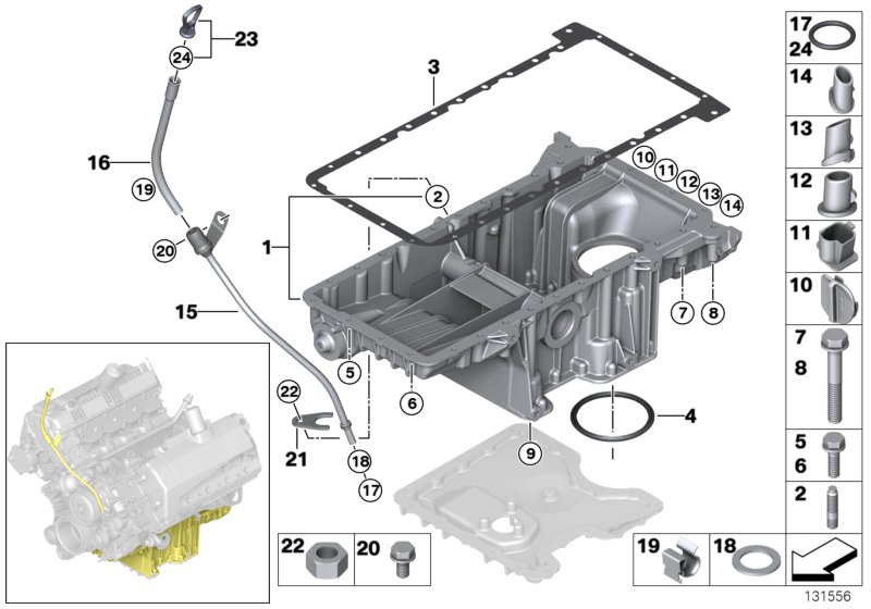 Oil pan upper part, oil level indicator