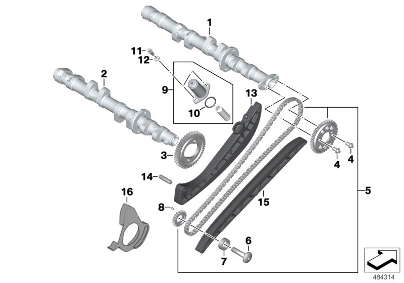 Camshaft, camshaft gear, timing chain