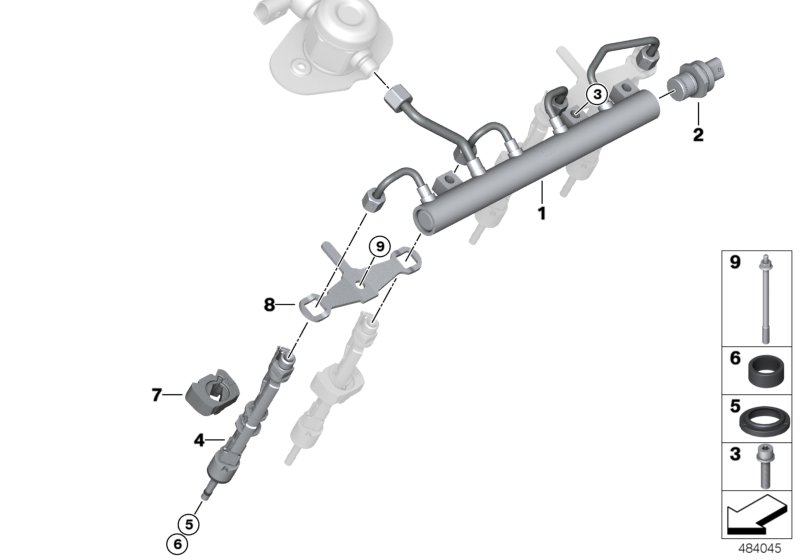 High-pressure rail/injector/mounting