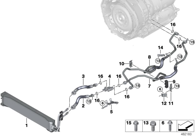 Heat exch./transmission oil cooler line