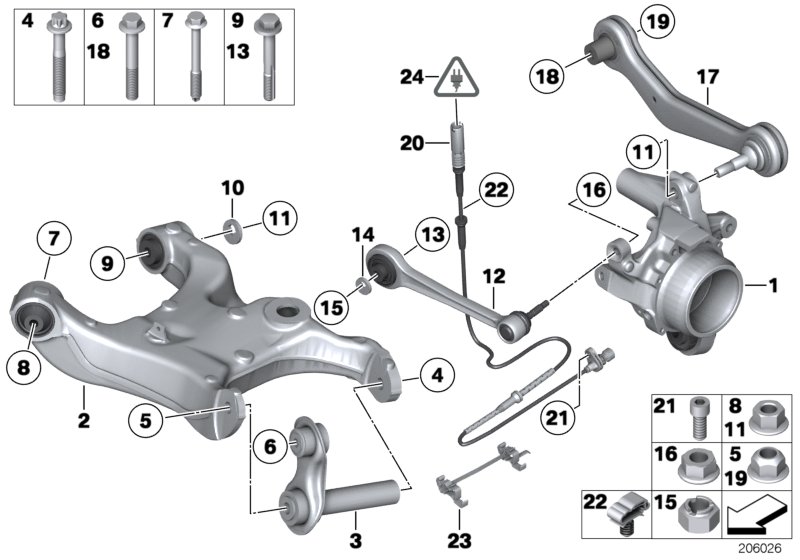 Rear axle support/wheel suspension