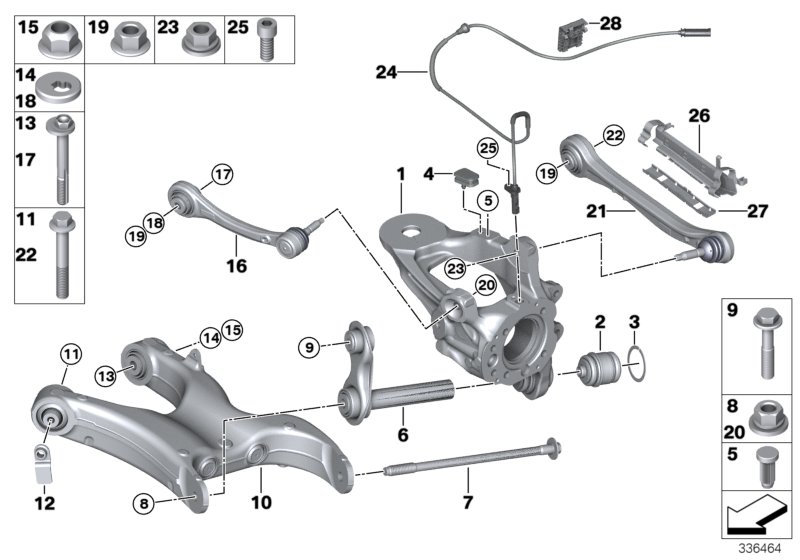 Rear axle support/wheel suspension
