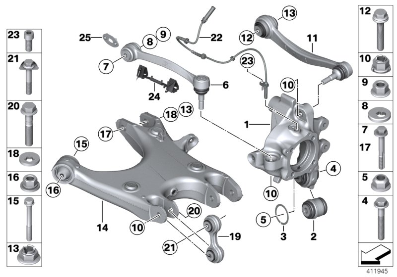 Rear axle support/wheel suspension