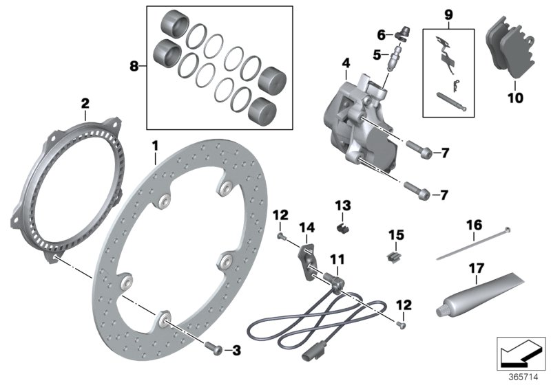 Front-wheel brake, rivet pack