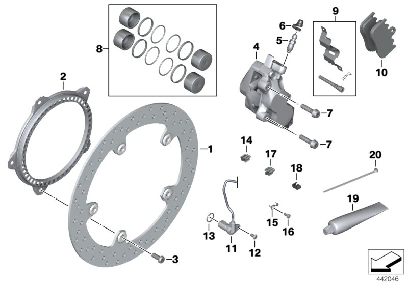 Front-wheel brake, rivet pack