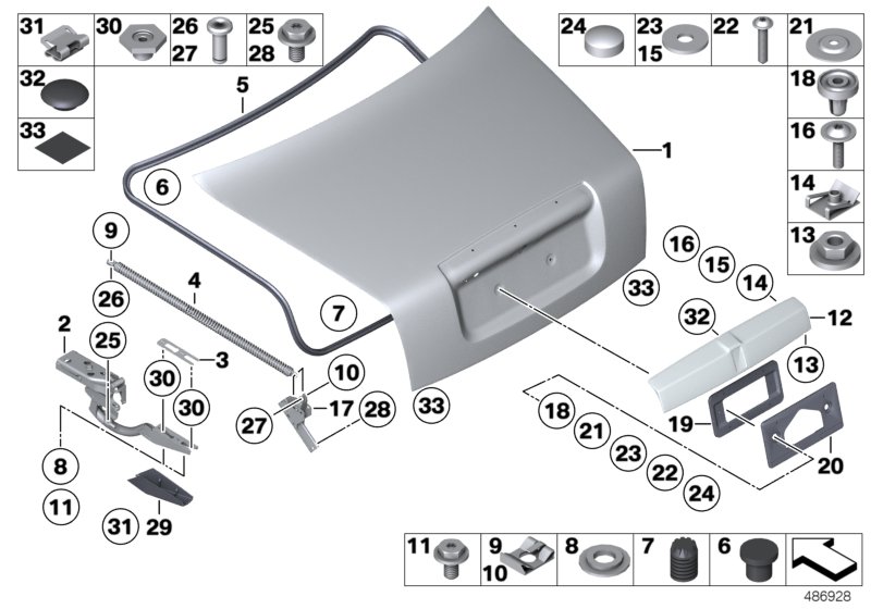 Single components for trunk lid
