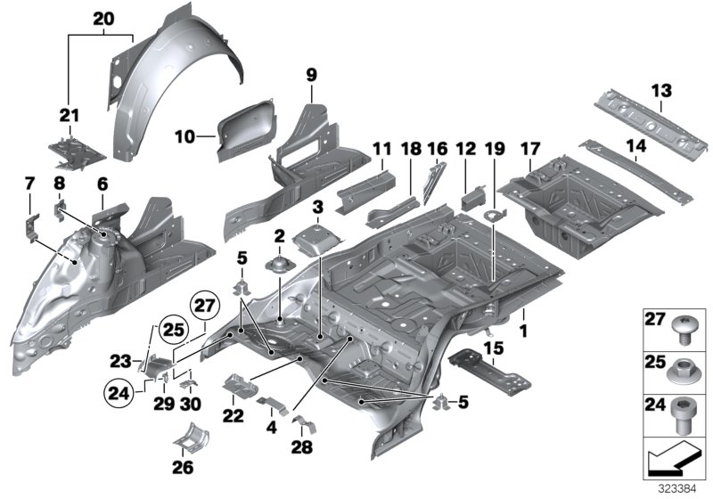 Floor panel trunk/wheel housing rear