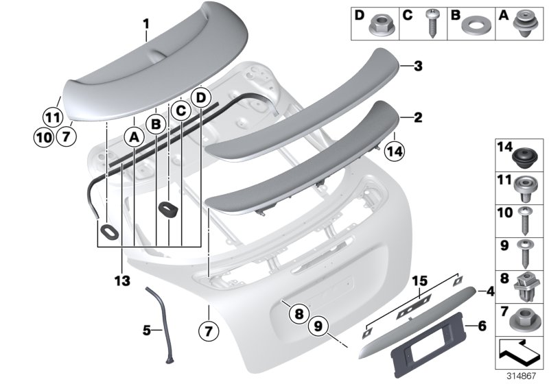 Mounting parts, rear lid