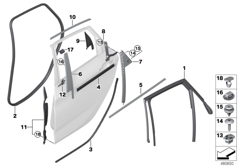 Trims and seals, door, rear