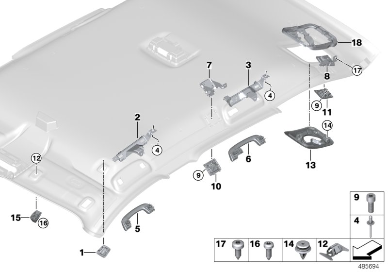 Mounting parts, roofliner