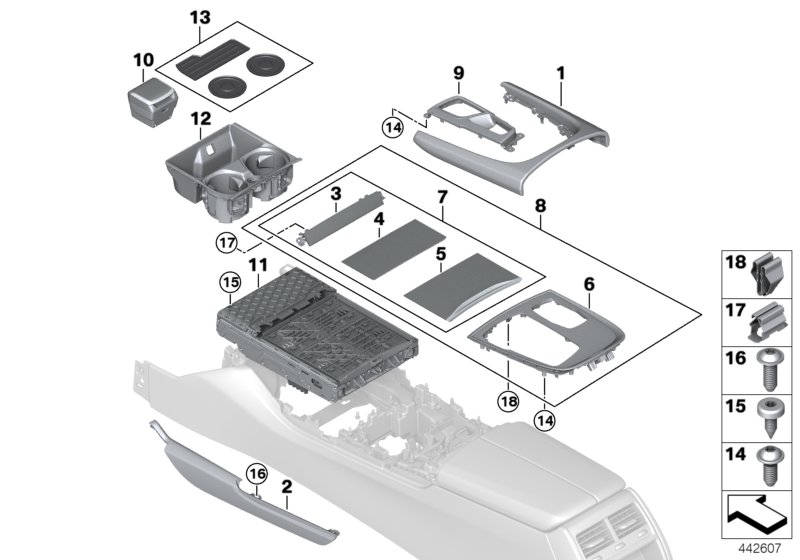 Mounted parts for centre console