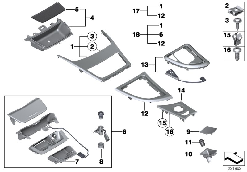 Mounted parts for centre console