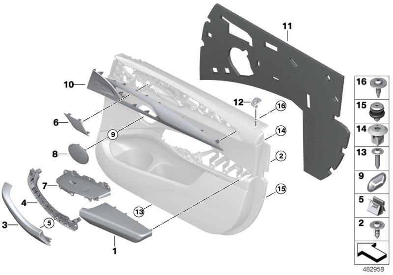 Mounting parts, door trim panel, front