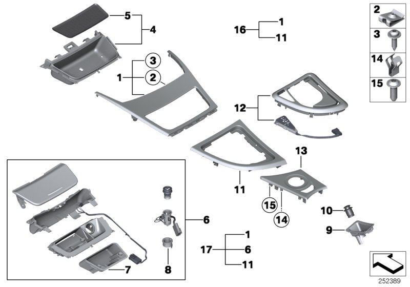 Mounted parts for centre console