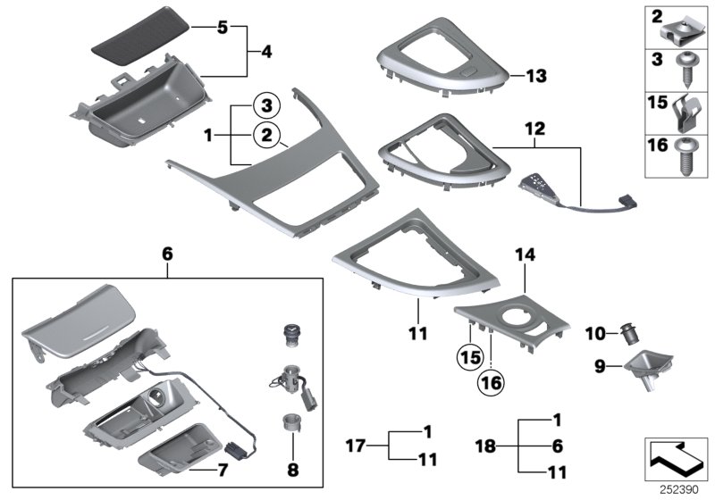 Mounted parts for centre console