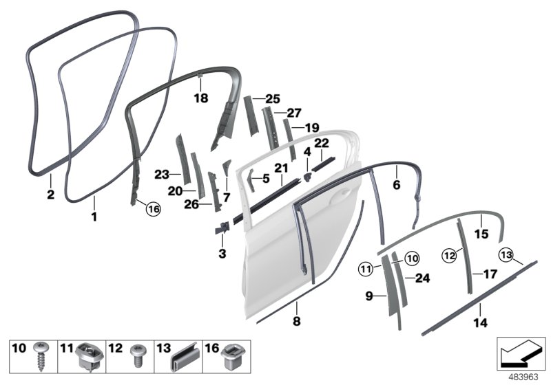 Trims and seals, door, rear