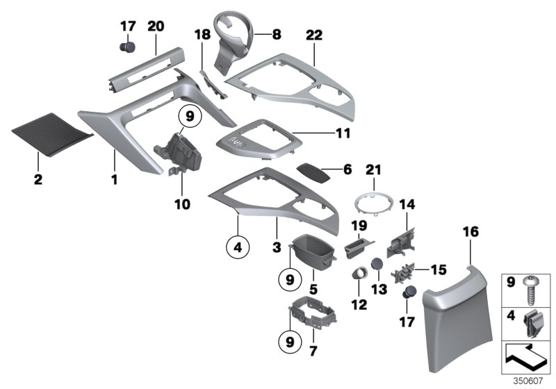 Mounted parts for centre console