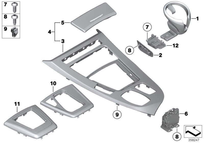 Mounted parts for centre console