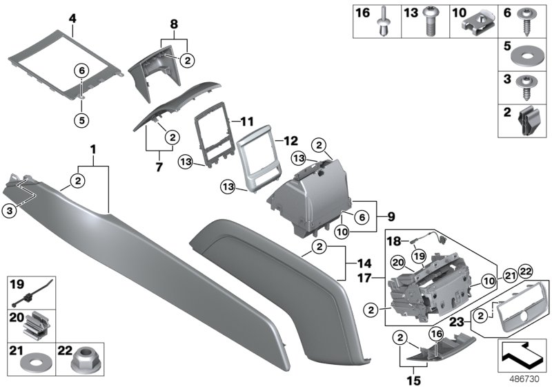 Mounted parts for centre console