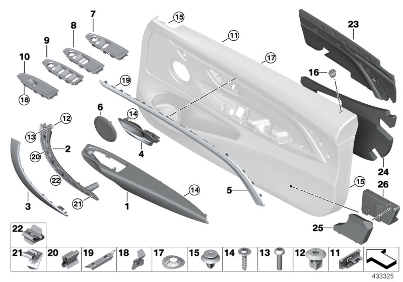 Mounting parts, door trim panel, front