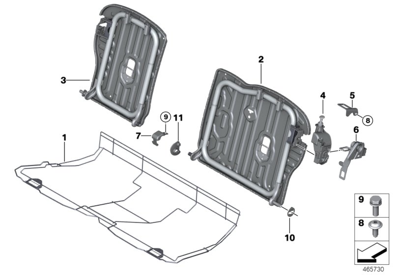 Seat, rear, seat frame, through-loading