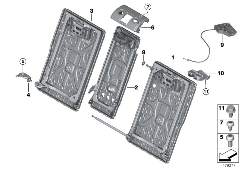 Seat, rear, seat frame, through-loading