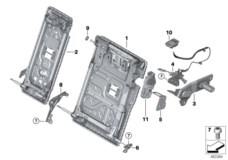 Seat, rear, seat frame, through-loading