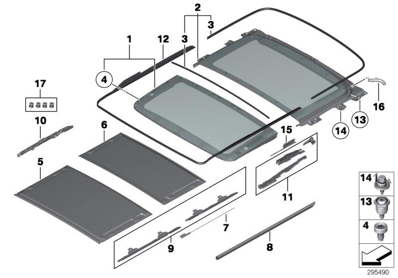 Panorama glass roof, mounting parts