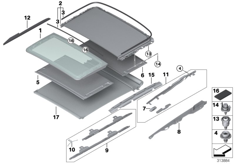 Panorama glass roof, mounting parts