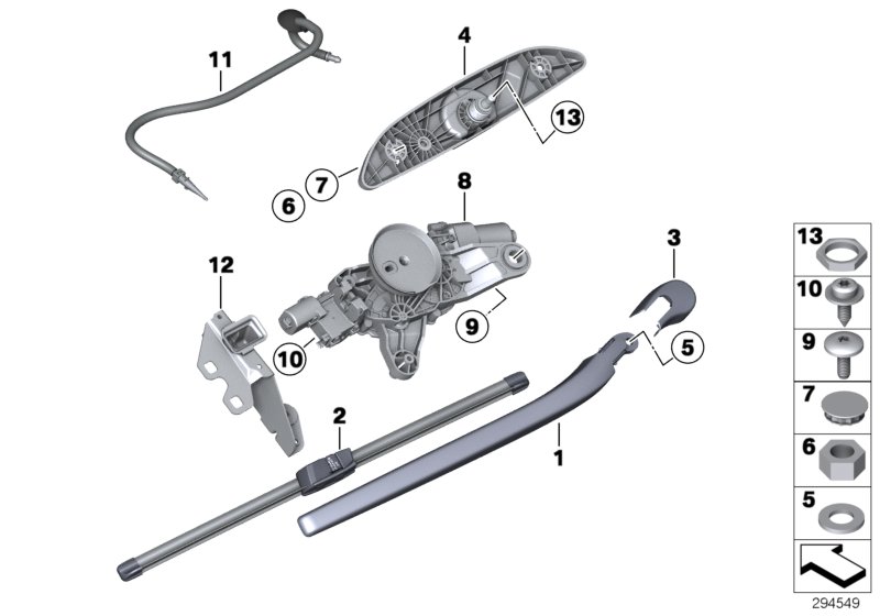 Single parts for rear window wiper