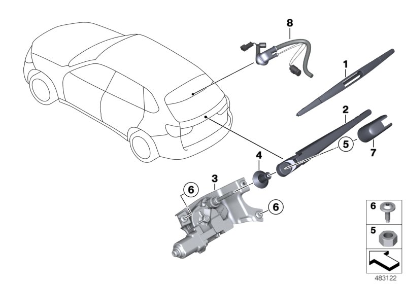 Single parts for rear window wiper