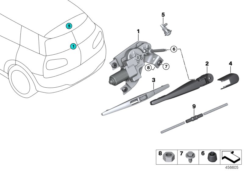Single parts for rear window wiper