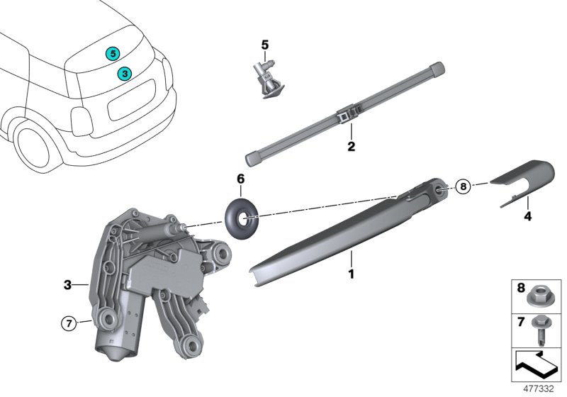 Single parts for rear window wiper