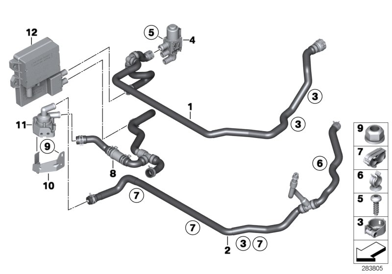 Water pump, valve, hoses